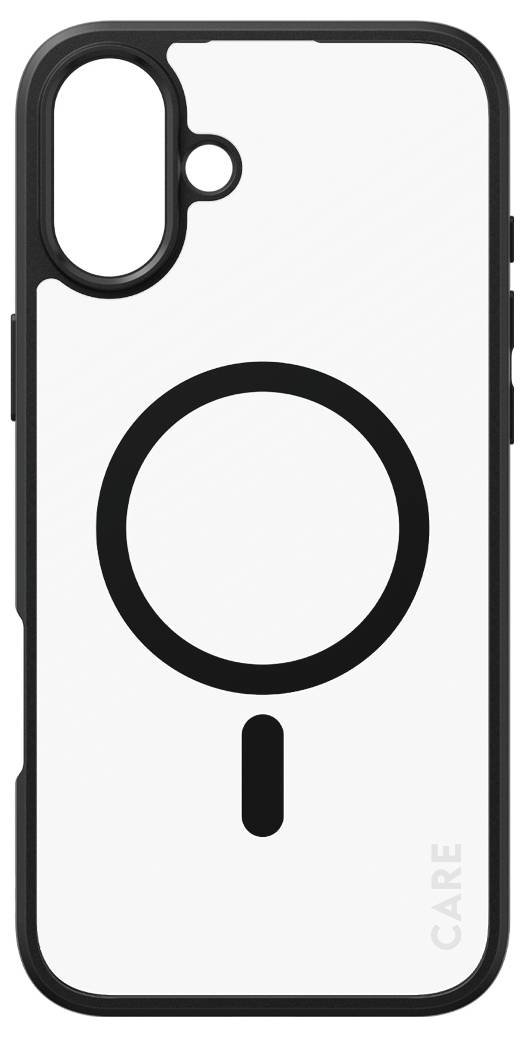 Ein schwarz-weißes Smartphone-Case mit einem großen schwarzen Kreis und einem kleineren, darunter liegenden Balken in der Mitte. Links unten steht 'CARE'.