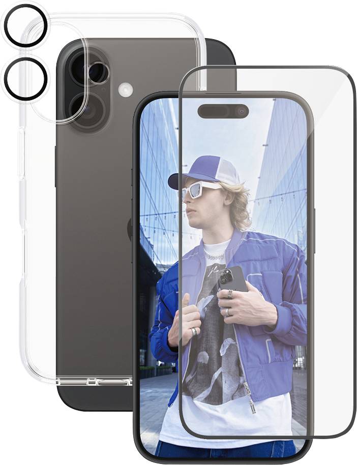 Smartphone mit Schutzhülle und Panzerglas, davor eine Person mit blauer Jacke und Kappe, die ein Smartphone hält.