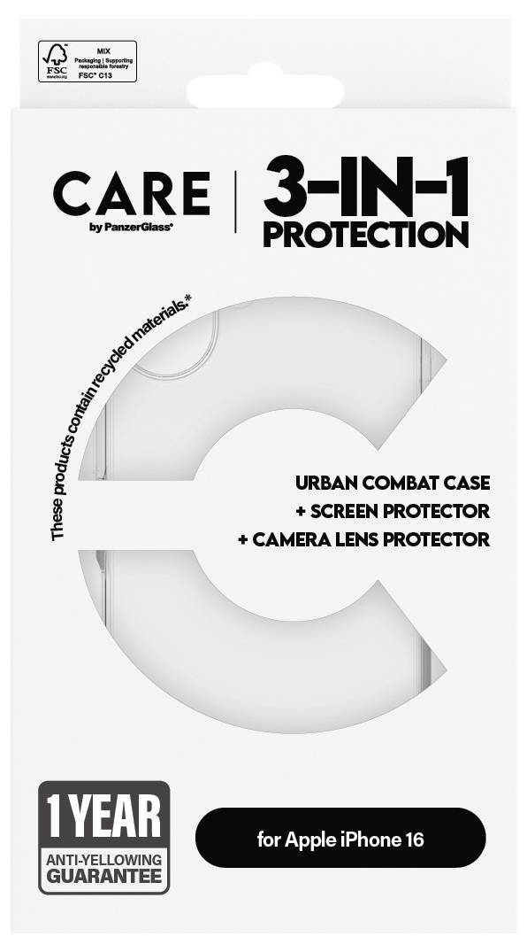 Verpackung eines 3-in-1-Schutzsets für Apple iPhone 16: Urban Combat Case, Displayschutz und Kameraobjektivschutz, 1 Jahr Garantie.