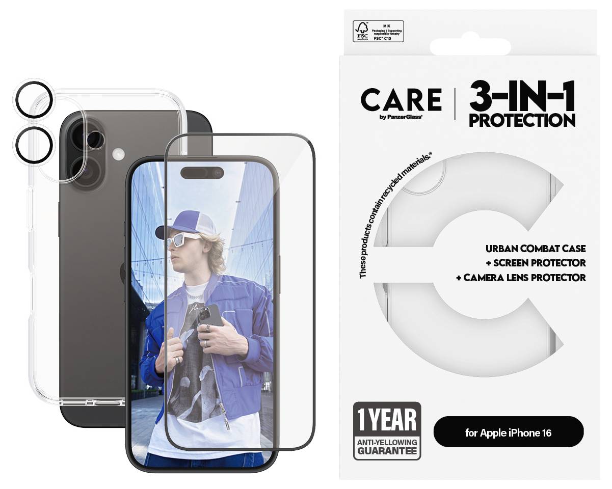 '3-IN-1 PROTECTION' Verpackung für iPhone 16 mit Hülle, Display- und Kameraschutz. Ein Mann mit Mütze auf dem Handy-Display.