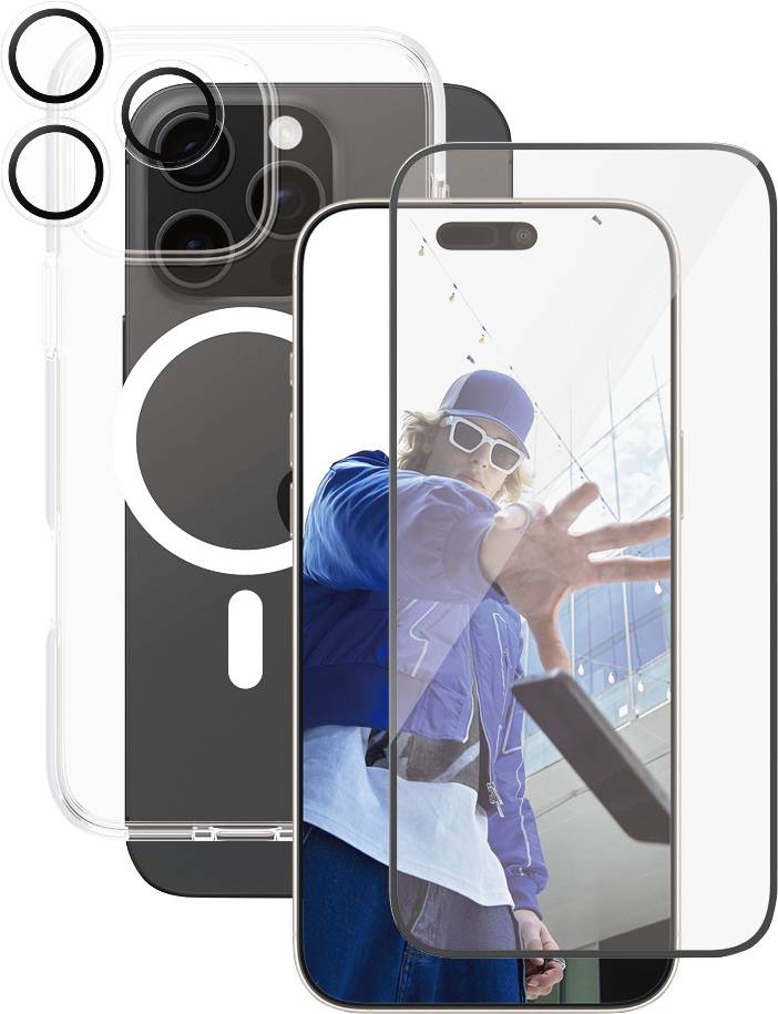 Darstellung eines Smartphones mit Hülle und Schutzfolie. Im Bildschirm ein Mann in blauer Kleidung, der in die Kamera schaut.