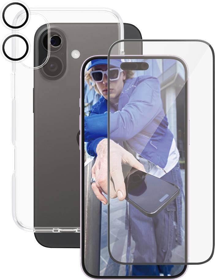 Smartphone-Zubehörset, bestehend aus durchsichtigem Handyhülle, Kameraobjektiv- und Displayschutz, mit einem Smartphone im Hintergrund.