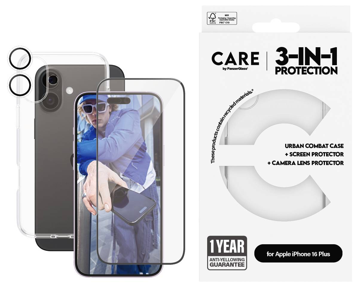 '3-in-1 Protection' Paket für iPhone 16 Plus, inklusive Urban Combat Hülle, Displayschutz und Kameralinsenschutz. Ein Jahr Garantie.