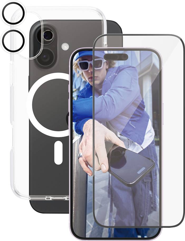 Ein Smartphone mit einer transparenten Hülle und einem Schutzglas. Im Display ist eine Person mit blauer Jacke und Sonnenbrille zu sehen.