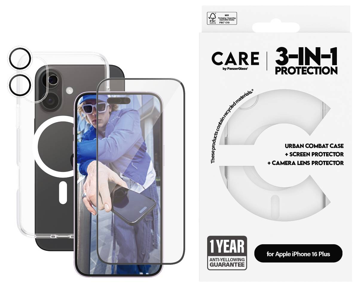 Schutzhülle und Schutzfolien für iPhone 16 Plus, inklusive Kamera- und Displayschutz, mit urbanem Design und 1 Jahr Garantie.