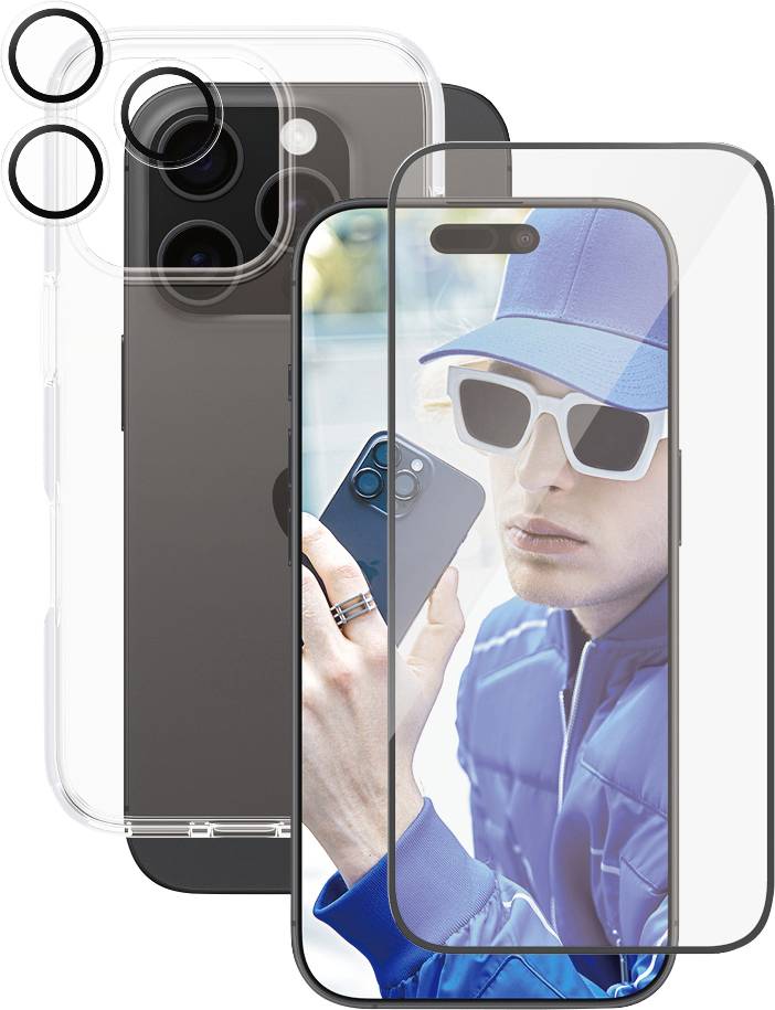 Ein Mann mit blauer Jacke, Sonnenbrille und Mütze schaut in ein Smartphone. Im Vordergrund Handy-Zubehör, wie Hüllen und Schutzgläser.