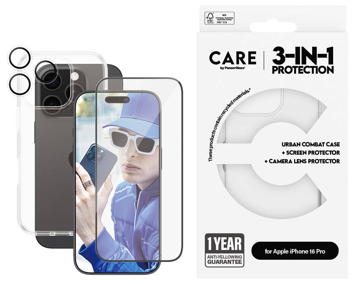 Darstellung eines 3-in-1-Schutzsets für das iPhone: Hülle, Bildschirm- und Kameralinsenschutz, mit Abbildung eines Mannes mit Smartphone auf der Verpackung.