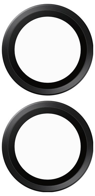 Zwei schwarze, ringförmige Objekte übereinander auf weißem Hintergrund.