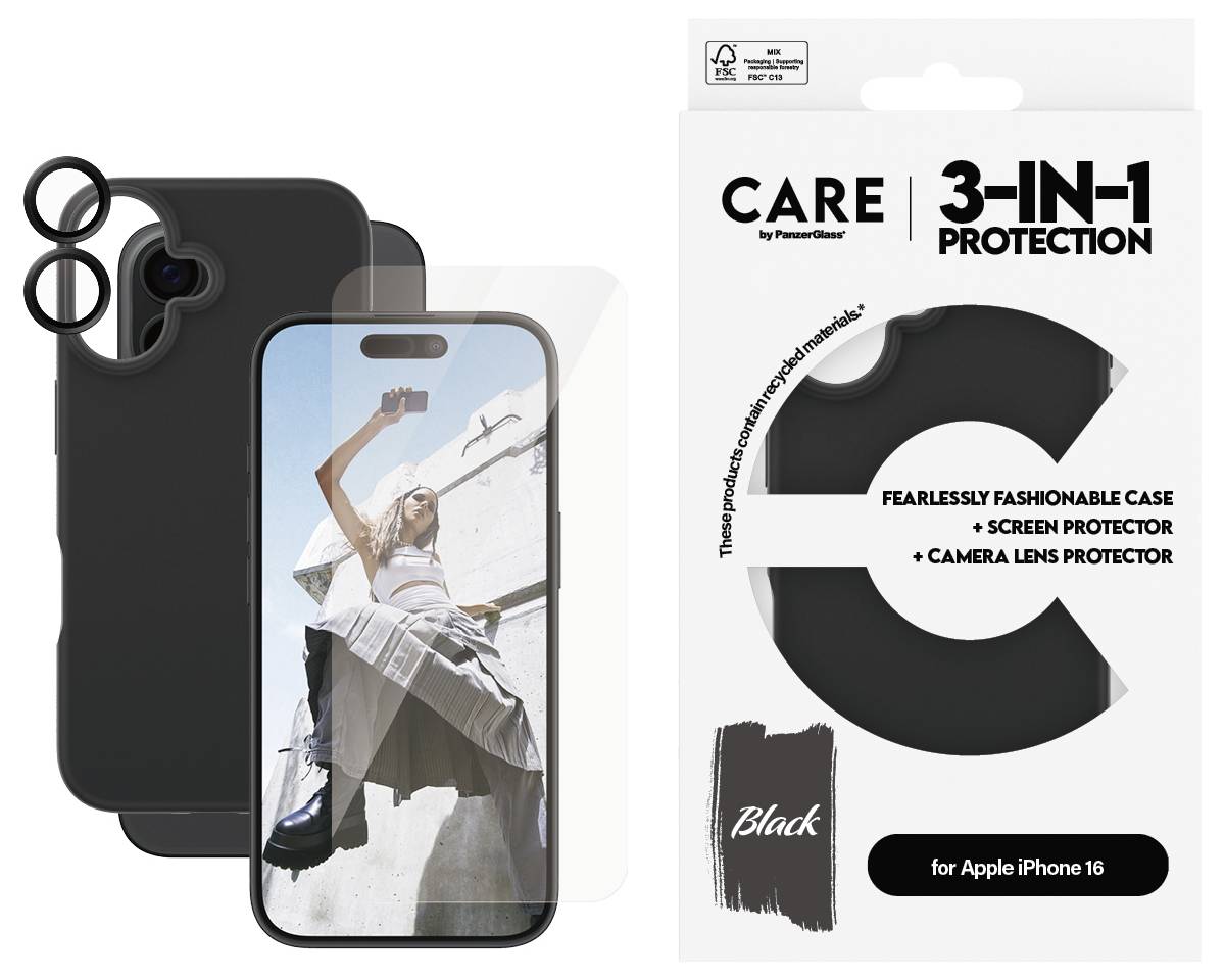 3-in-1 Schutzset für Apple iPhone 16: Schwarze Hülle, Kameralinse und Displayschutz. Modisch und funktional.
