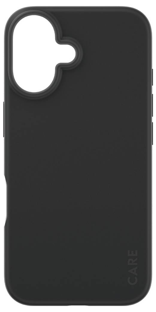 Schlichte schwarze Handyhülle mit ovaler Kameraöffnung und 'CARE'-Schriftzug an der unteren Ecke.