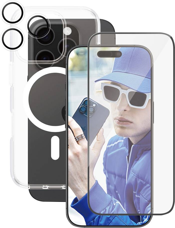 Mann mit weißer Sonnenbrille und Mütze hält ein Smartphone. Im Vordergrund durchsichtiges Smartphone-Case und Bildschirmschutz.