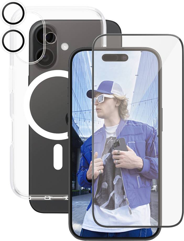 Ein Smartphone mit klarer Hülle und Schutzglas. Im Display ist eine Person mit weißer Kappe und blauer Jacke vor einem modernen Gebäude.