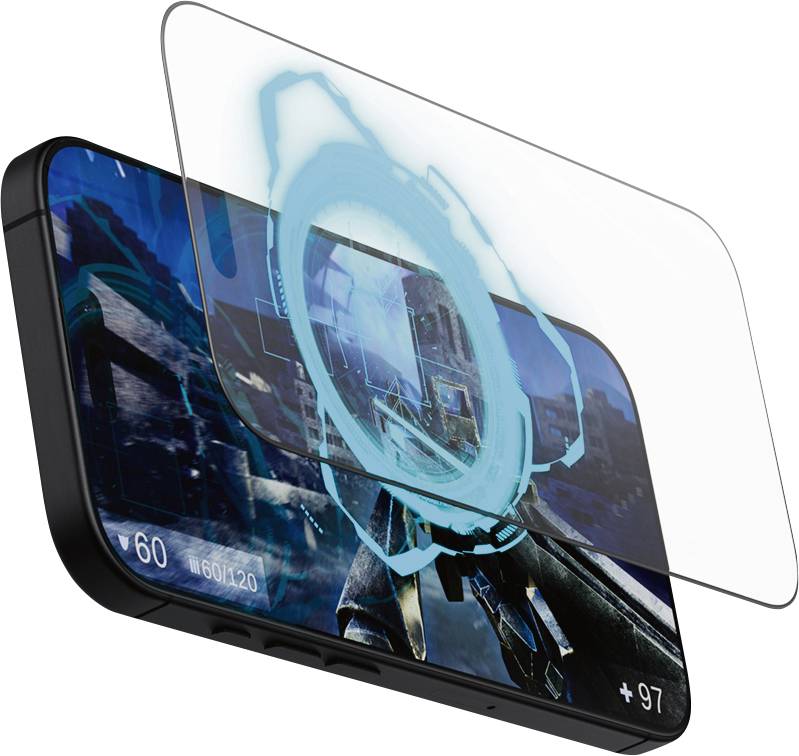 Smartphone mit geöffneter Augmented Reality Anzeige: Schutzglas hebt virtuelle Holografie im Stadtpanorama hervor.
