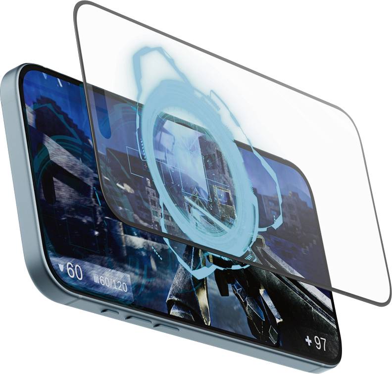 Smartphone mit Bildschirmschutz zeigt ein Videospiel mit futuristischem Design. Bildschirm zeigt 60/120 Energie und +97 Punkte.