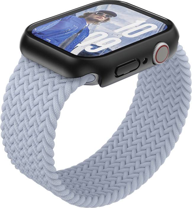 Eine Smartwatch mit einem gewebten, hellblauen Armband und einem Display, das einen Mann in Blau zeigt, sowie die Uhrzeit 10:09 anzeigt.