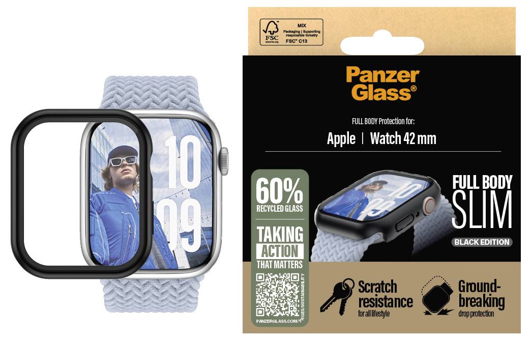 PanzerGlass Vollkörperschutz für Apple Watch 42 mm, schwarze Edition. Kratzfest, aus 60 % recyceltem Glas, stoßfest.
