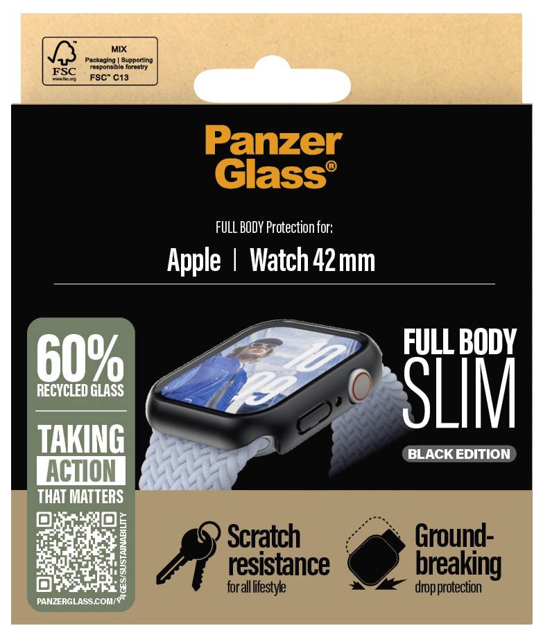 Verpackung von PanzerGlass mit Vollkörperschutz für Apple Watch 42 mm. Betont Recyclingmaterial (60%), Kratzfestigkeit und Fallschutz.