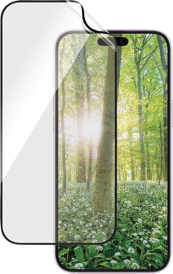 Smartphone mit transparentem Displayschutz, zeigt Frühlingswaldlandschaft mit Sonne im Hintergrund und vielen blühenden Blumen.