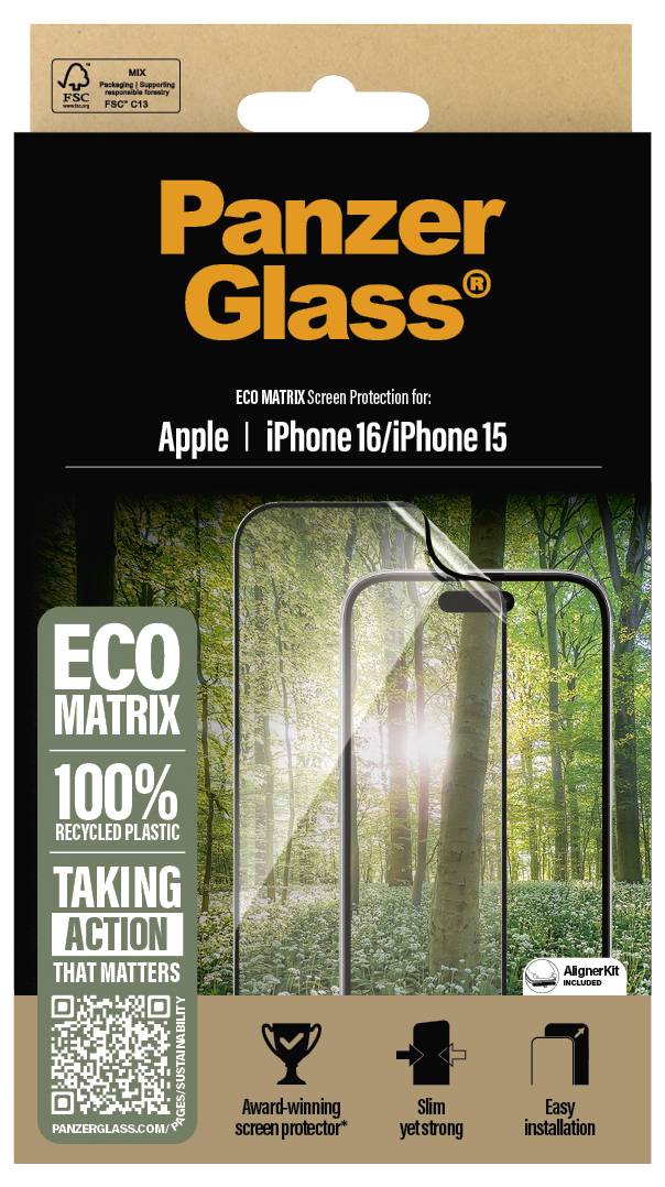 Verpackung eines 'PanzerGlass' ECO MATRIX Displayschutzes für Apple iPhone 16/iPhone 15. Hervorgehoben: 100% recycelter Kunststoff.