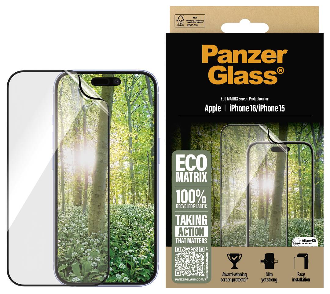 Ein Smartphone mit einer aufgetragenen Bildschirmschutzfolie. Der Schutz ist nachhaltig hergestellt und wird für iPhone-Modelle beworben.