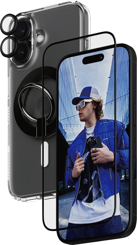 Hülle und Bildschirmfolie für ein Smartphone, neben einem Handy mit moderner Bekleidung und Accessoires tragender Person auf dem Display.