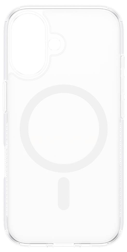 Transparente Handyhülle mit kreisförmigem Design, das auf die MagSafe-Kompatibilität hinweist.