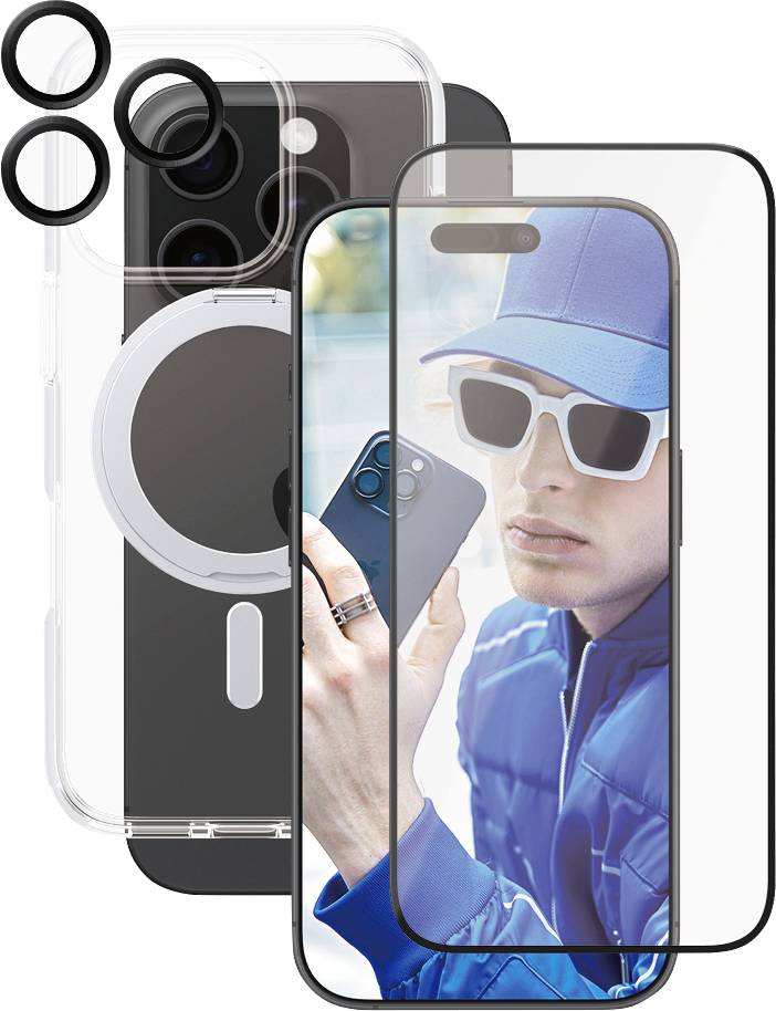 Eine Handyhülle mit Displayschutz und einer Person, die ein Smartphone hält. Die Person trägt eine Sonnenbrille und Mütze.