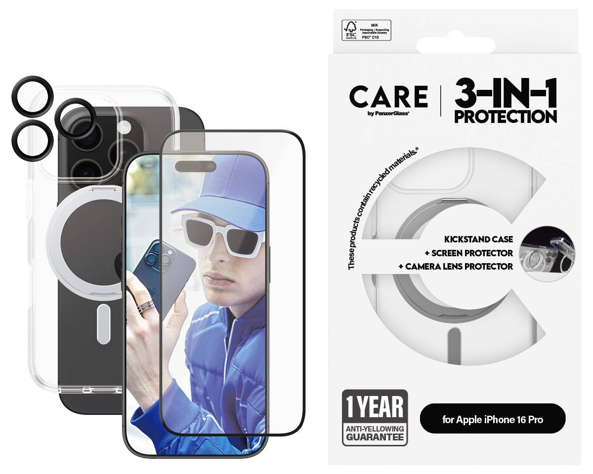 Verpackung eines 3-in-1-Schutzsets für iPhone 16 Pro mit Kickstand-Hülle, Displayschutz und Kameralinsenschutz, Garantie für 1 Jahr.