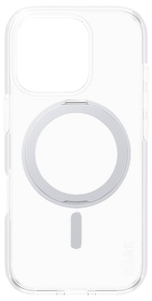 Transparente Handyhülle mit integriertem kreisförmigem Magnetring, kompatibel mit MagSafe-Technologie für einfaches kabelloses Laden.
