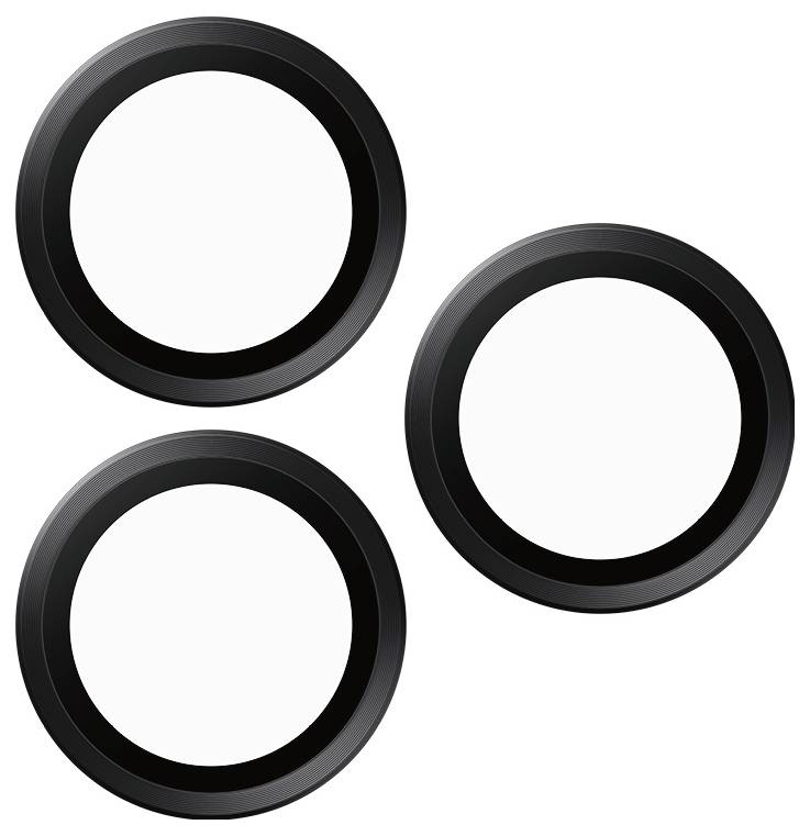 Drei schwarze Ringe mit weißem Zentrum auf weißem Hintergrund, symmetrisch angeordnet.