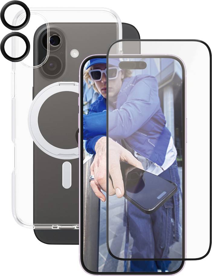 Smartphone mit Schutzhülle und Kameraobjektivschutz. Display zeigt Person in blauer Kleidung und Sonnenbrille, die ein Handy hält.