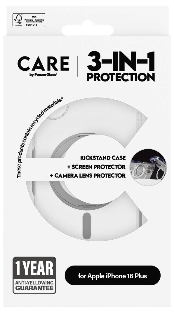 'CARE 3-in-1 Protection' Verpackung für Apple iPhone 16 Plus. Enthält Ständerhülle, Displayschutz und Kameralinsenschutz. 1 Jahr Garantie.