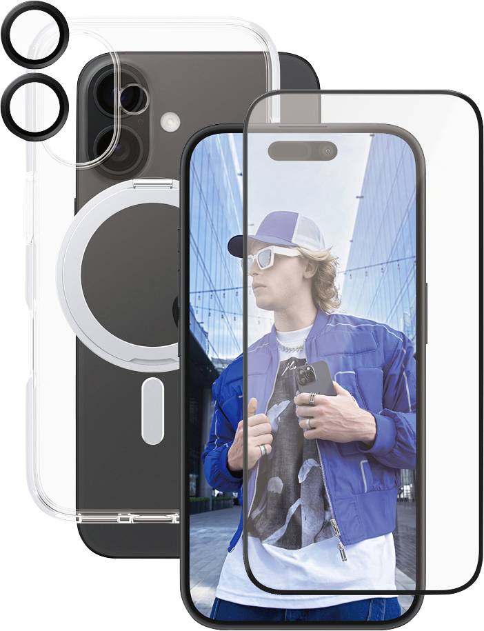Ein Smartphone mit einer durchsichtigen Hülle und Linsenschutz. Auf dem Bildschirm sieht man jemanden mit blauer Jacke und weißer Mütze.