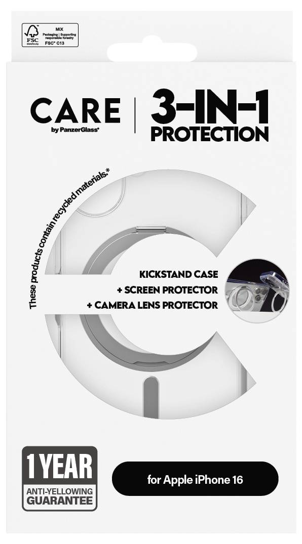 'PanzerGlass CARE 3-IN-1 Protection' Verpackung für iPhone 16. Enthält Kickstand-Hülle, Displayschutz und Kameralinsenschutz. 1 Jahr Garantie.