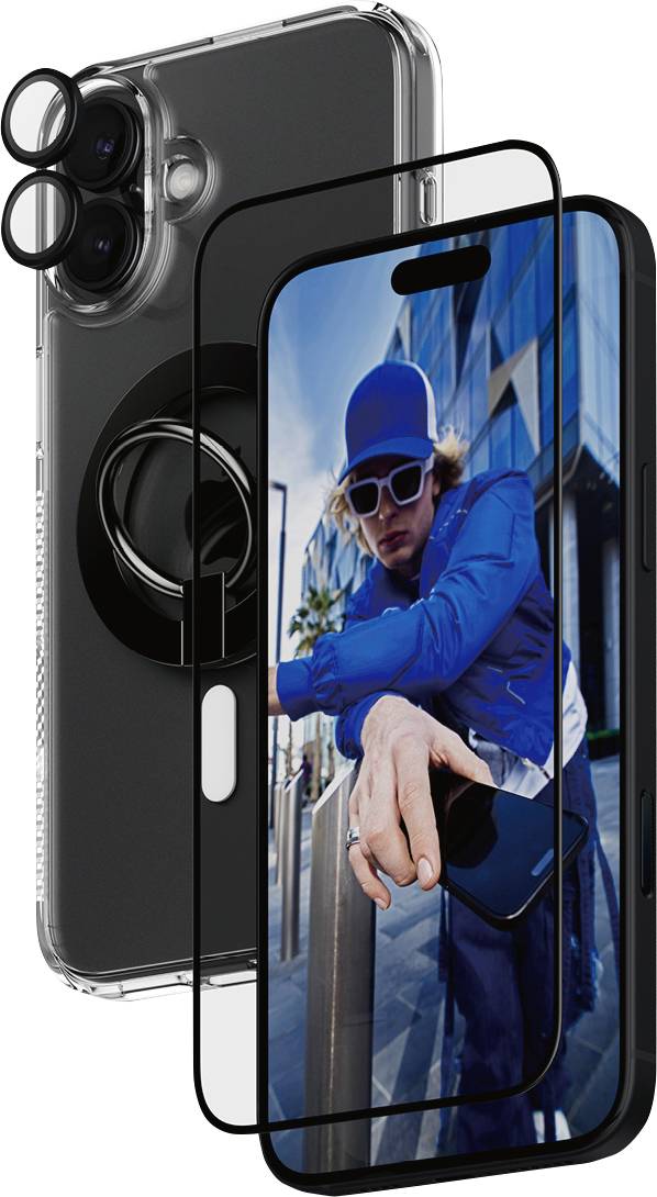 Smartphone mit Hülle und Displayschutz, auf dem Bildschirm ein modisch gekleideter Mann, der gestikuliert.