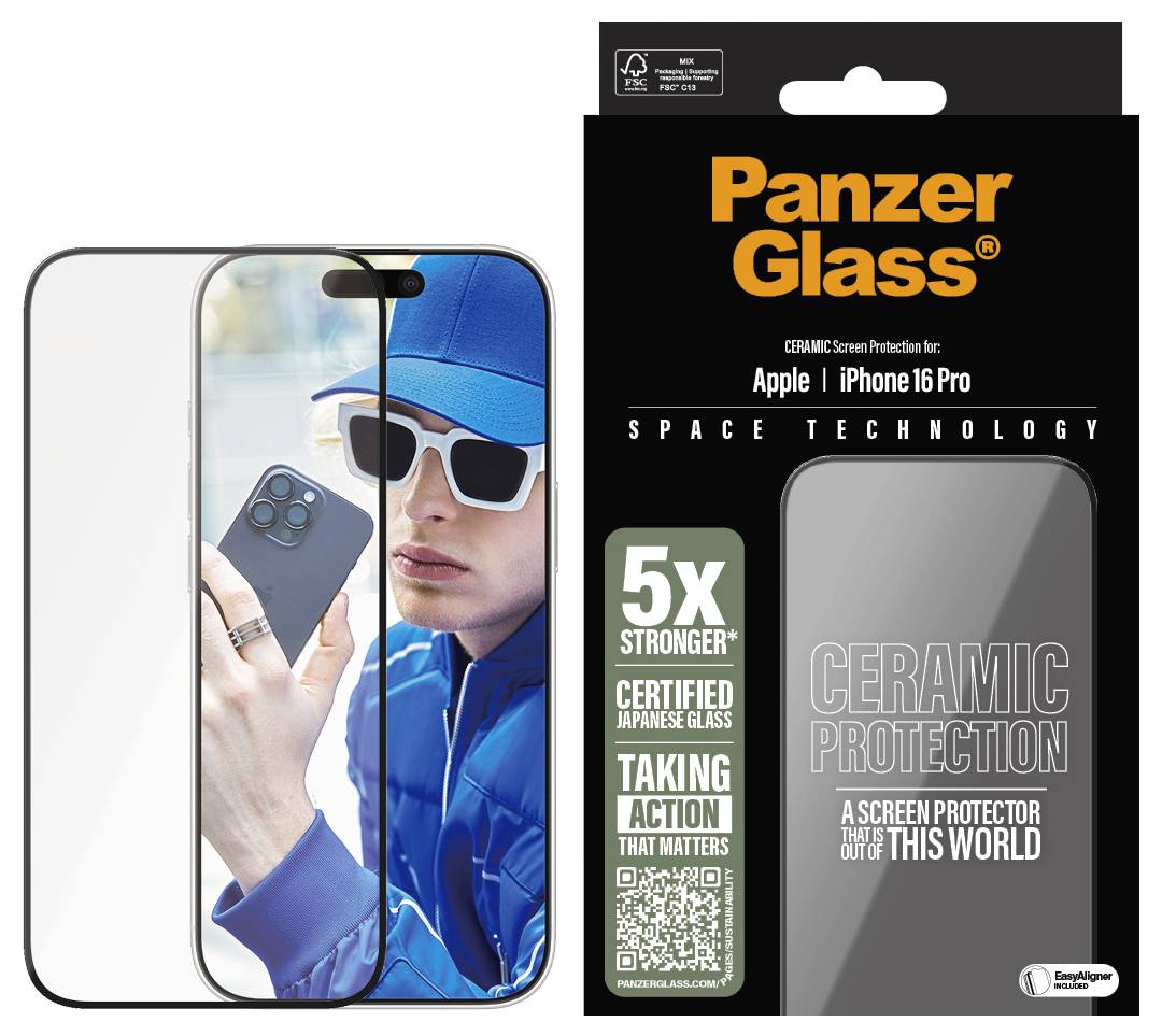 'Panzer Glass' Keramik-Schutzglas für iPhone 16 Pro, beworben mit '5x stärker'. Zeigt eine Person mit Smartphone. Verpackung und Glas abgebildet.