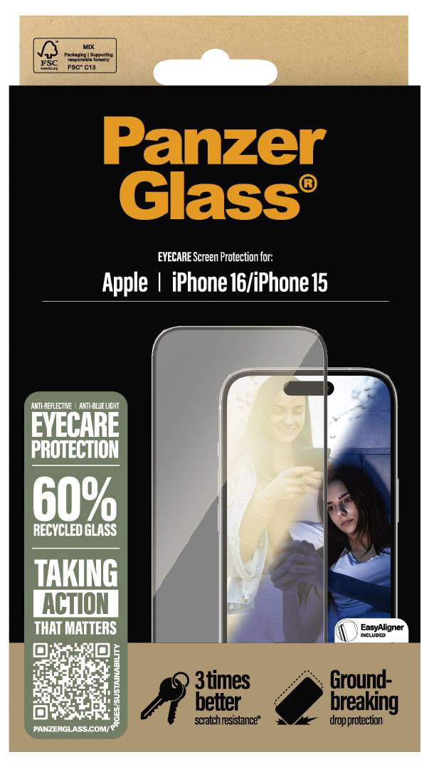 Displayschutz von PanzerGlass für Apple iPhone 16/iPhone 15, hergestellt aus 60 % recyceltem Glas mit Augenpflege-Schutz und verbesserter Kratzfestigkeit.