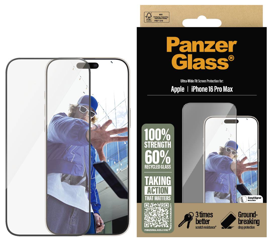 Verpackung eines PanzerGlass Displayschutzes für das iPhone 16 Pro Max, zeigt recyceltes Glas und bewirbt 100 % Stärke.
