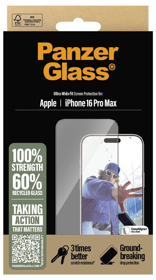 Schutzfolie für iPhone 16 Pro Max von PanzerGlass. Angaben: 100 % Stärke, 60 % recyceltes Glas, verbesserter Fallschutz.
