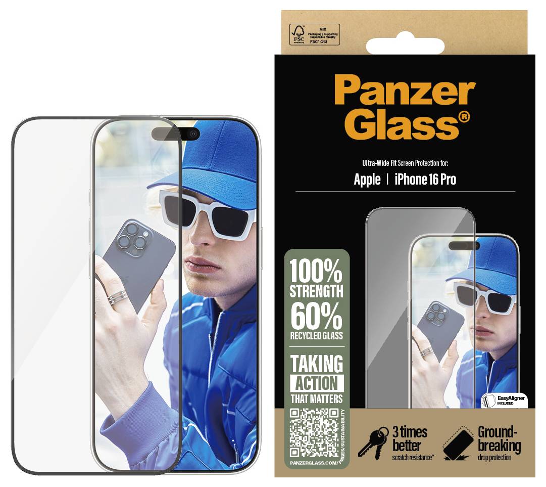 Verpackung einer Bildschirm-Schutzfolie für iPhone, Marke 'PanzerGlass'. Person mit blauer Kleidung hält ein iPhone. Produktdetails links.