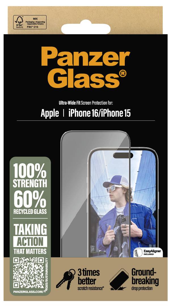 Verpackung einer PanzerGlass Displayschutzfolie für iPhone 16/15. Enthält Versprechen: 100% Stärke, 60% recyceltes Glas.