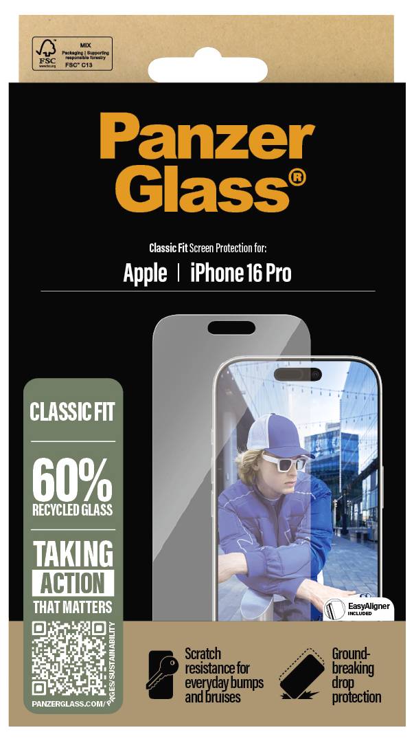 Verpackung einer Panzerglas- Displayschutzfolie für Apple iPhone 16 Pro, betont Kratzfestigkeit und 60% recyceltes Glas.