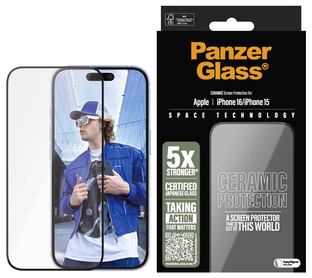 Displayschutzverpackung für Apple iPhone 15. Text: '5x stärker, zertifiziert, japanisches Glas'. Zeigt Bild eines Mannes mit blauem Hemd.