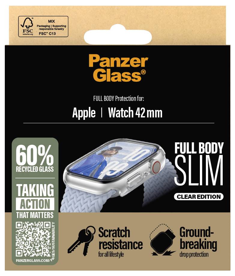 Verpackung einer Schutzfolie für eine 42 mm Apple Watch von PanzerGlass. Hervorgehoben: 60% recyceltes Glas, vollflächiger Schutz, kratzfest.