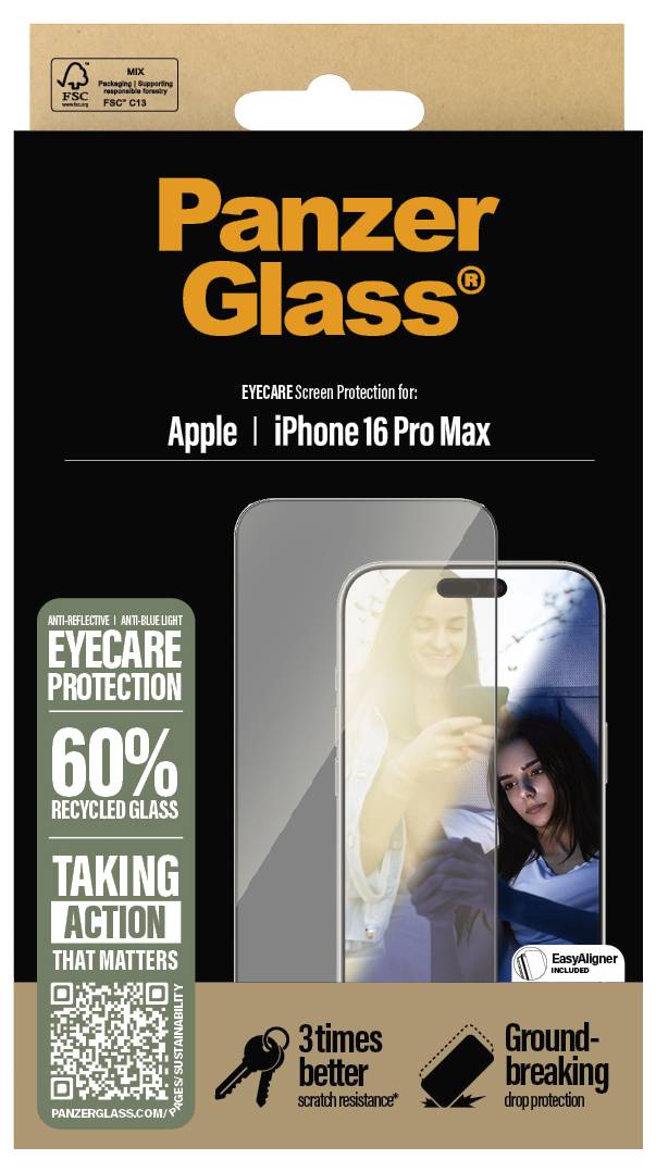 PanzerGlass Displayschutz für iPhone 16 Pro Max; aus 60% recyceltem Glas; bietet Augenschutz und starke Kratzfestigkeit.