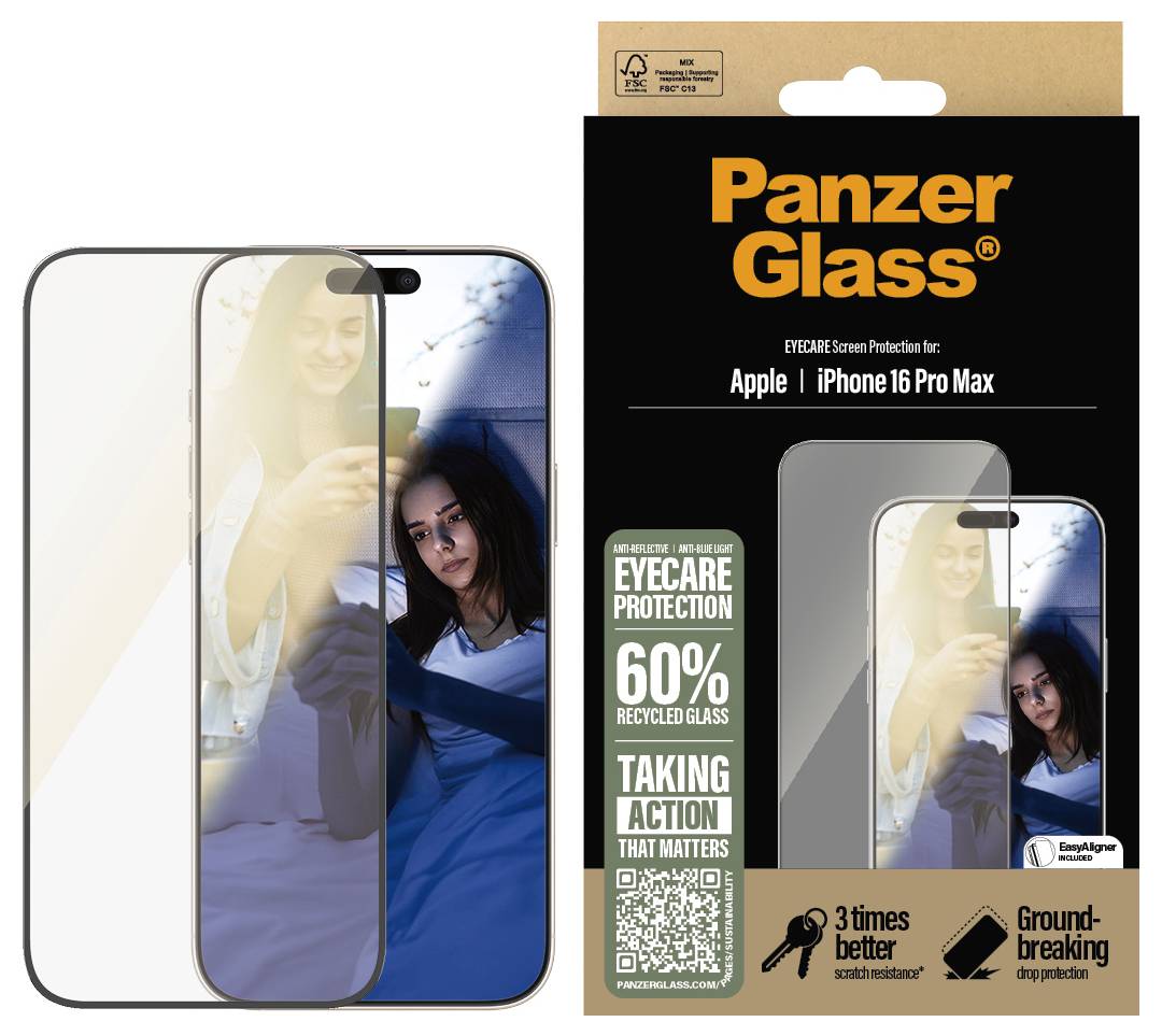 Displayschutz für iPhone 16 Pro Max von PanzerGlass mit 60 % recyceltem Glas. Eyecare-Schutz, reflektionsarm. Verpackung zeigt Produkt und Person mit Handy.