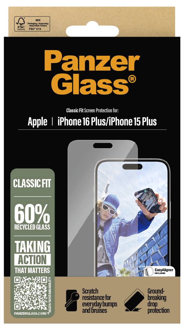 Schutzfolie für Apple iPhone 16 Plus/15 Plus. Hebt 60% recyceltes Glas hervor, mit Kratzschutz und Fallsicherheit.
