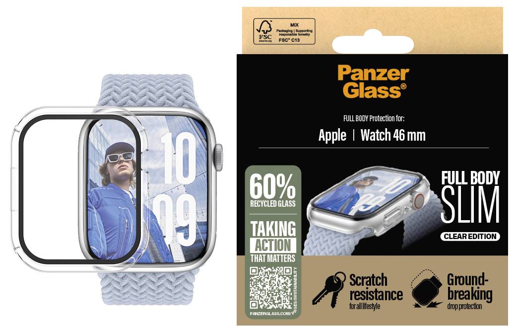 PanzerGlass Vollkörperschutz für Apple Watch 46 mm. Verpackung zeigt Displayabdeckung und stilisierte Uhr mit 