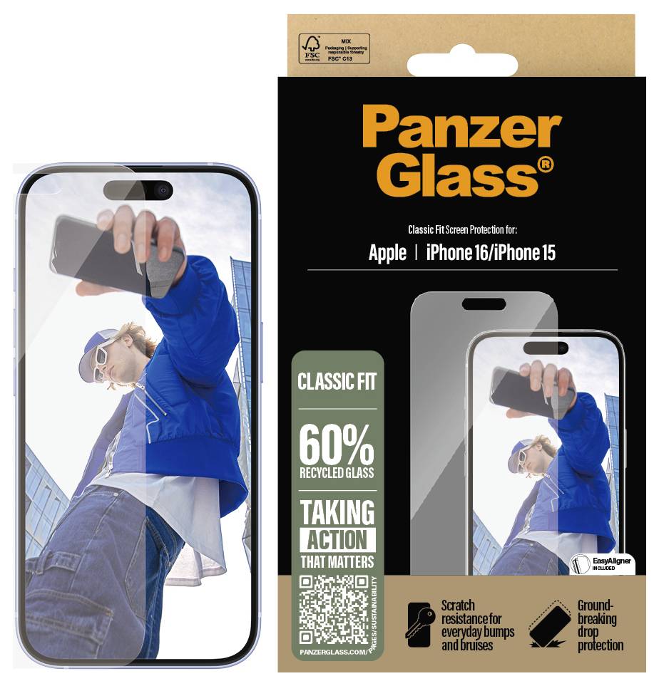 'PanzerGlass Classic Fit' Displayschutz für 'Apple iPhone 14 Pro Max'. Enthält 60 % recyceltes Glas, kratzfest und bruchsicher.