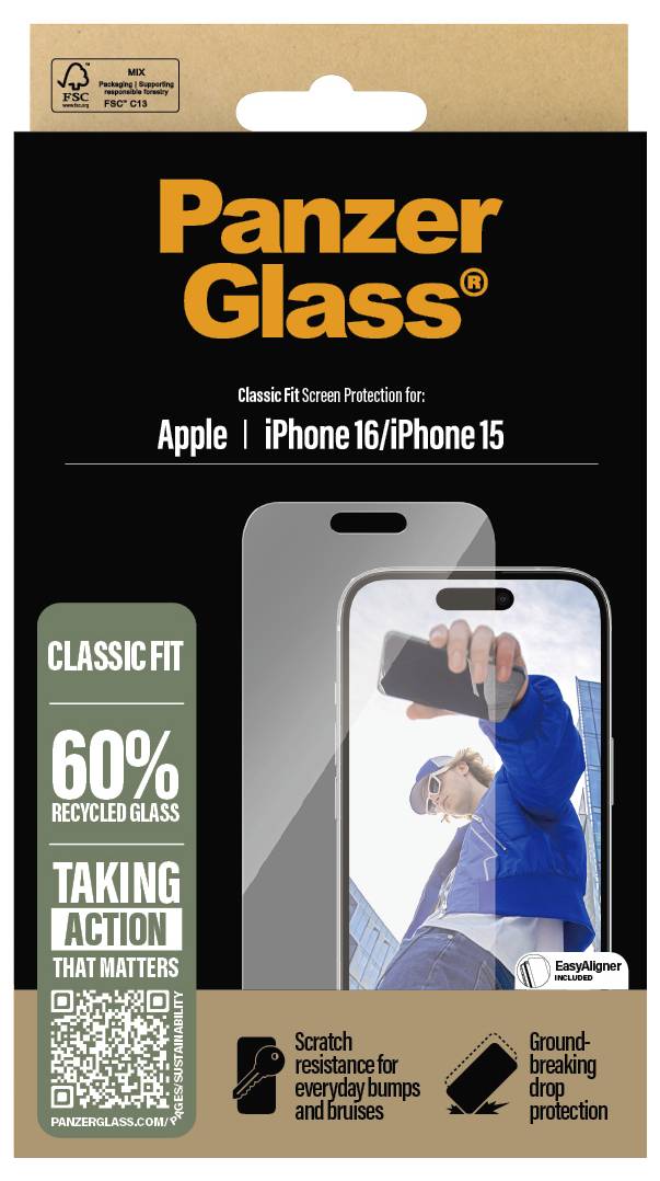 PanzerGlass Verpackung für iPhone 16/iPhone 15. Werbebild zeigt eine Person mit Smartphone. 60% recyceltes Glas, kratzfest, stoßfest.